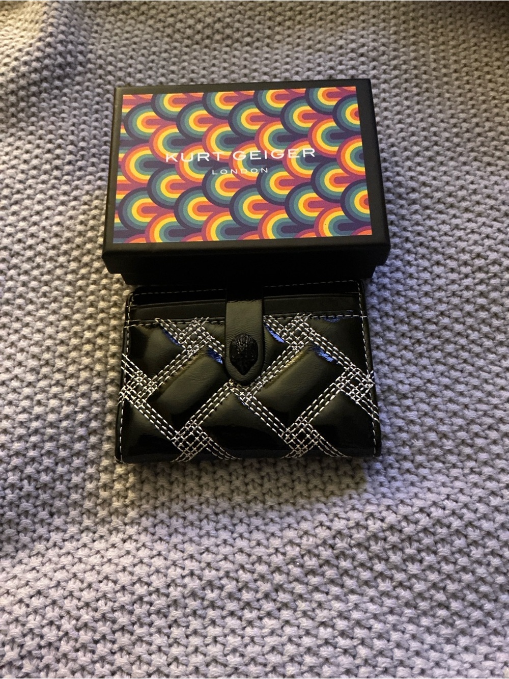 Kurt Geiger Black Quilted Wallet with White Cross Stitch - Picture 4 of 6